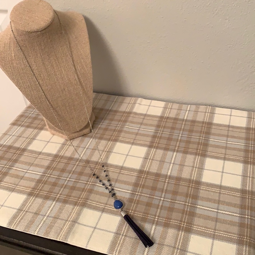 Like New Long Length Tassel Necklace with Blue Accents